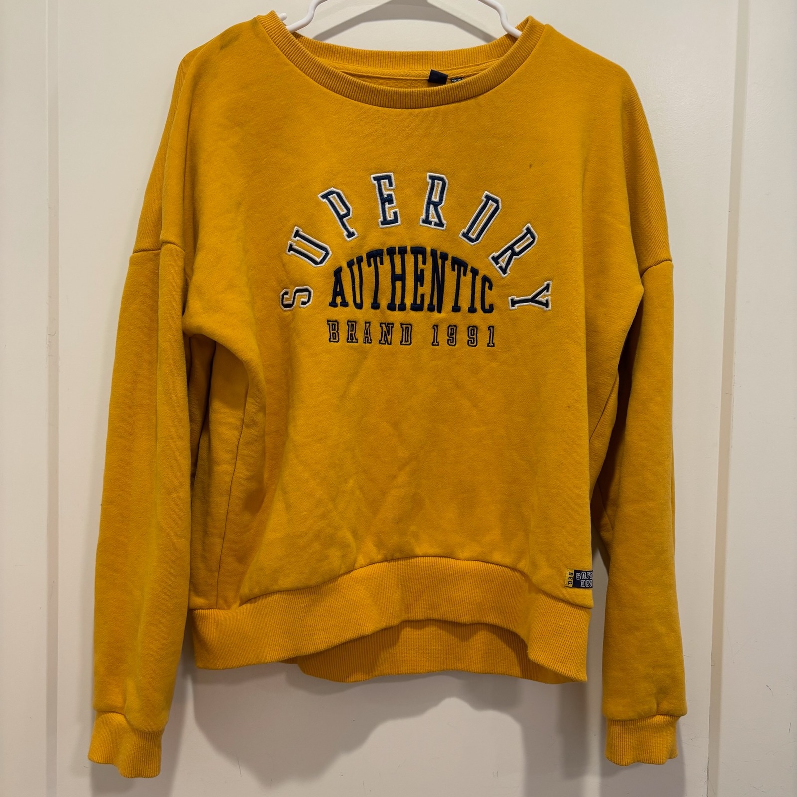 Superdry Authentic Brand 1991 Crewneck Sweatshirt Yellow Embroidered Us 10 L